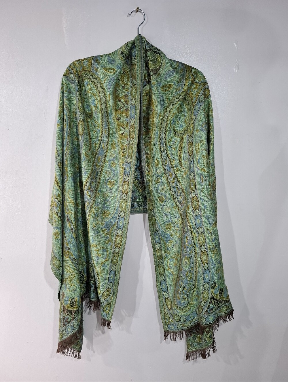 Light Green Paisley Shawl Cape - Womens Draped Coatlet 100% Silk